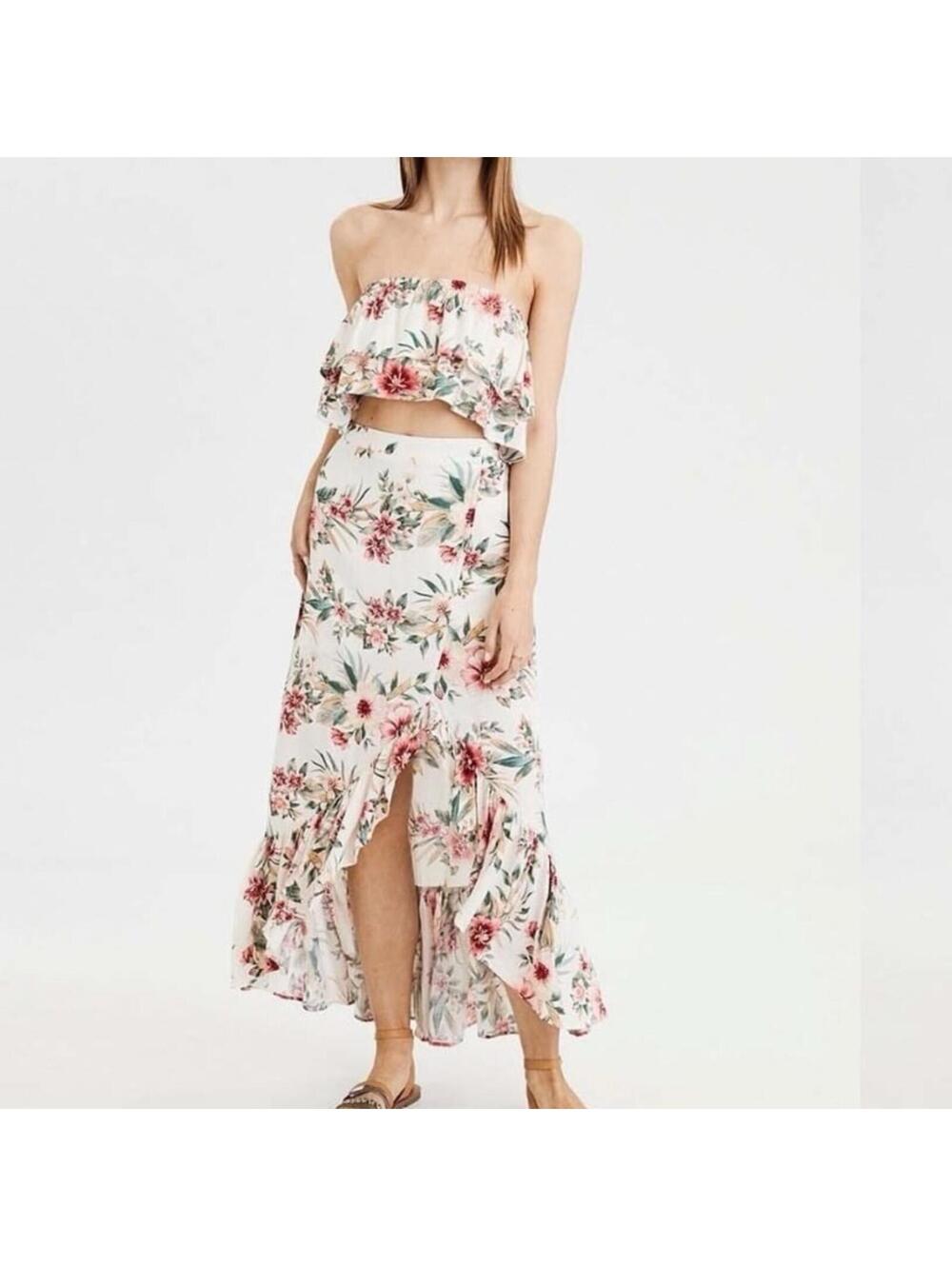 AE Ruffled Hawaiian Tube Top and Hi-Low Maxi Skirt